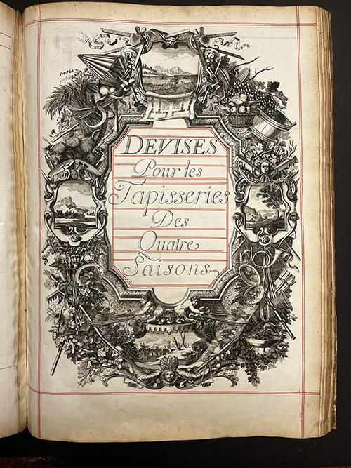 Title page image; central text Devises pour les Tapisseries Des Quatres Saisons surrounded by decorative border engraving