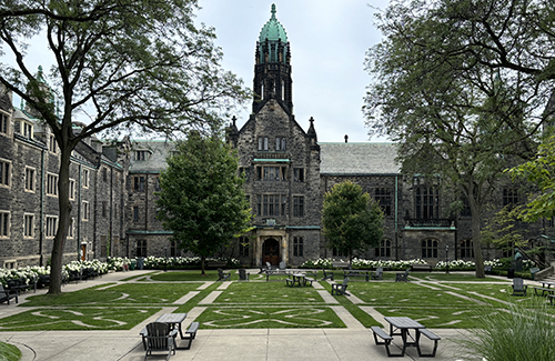 Hydrangeas line the Trinity Quad