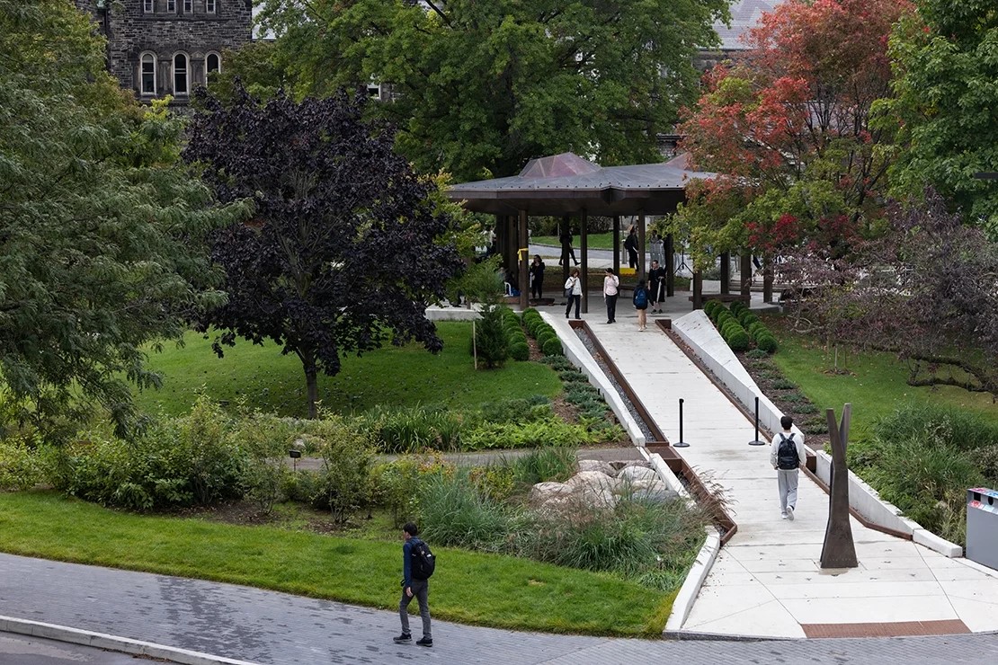 The pathway that extends along the east side of Ziibiing follows the trail of Taddle Creek, a buried stream running under the St. George campus that once served as a gathering place for Indigenous Peoples (photo by Polina Teif)