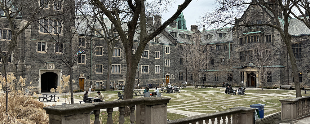 Students catchup with friends and study for finals in the Trinity Quad: April 14, 2025