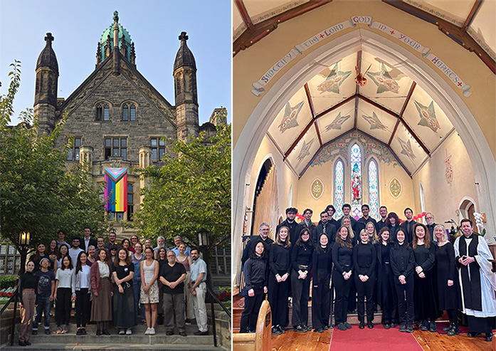 Chapel Choir 2024-2025 stand in front of Trinity College and at St. John’s Church Elora