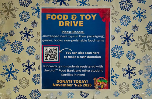 A holiday gift wrapped cardboard box with a sign for food and toy donations