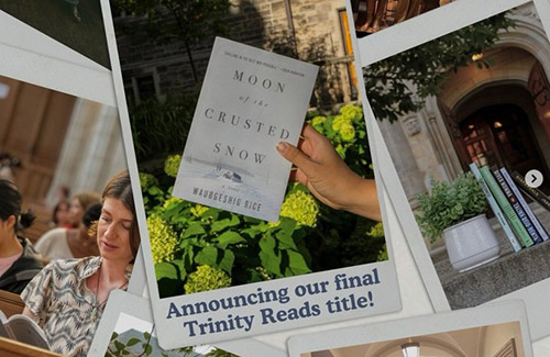 Trinity Reads with cover of Moon of the Crusted Snow