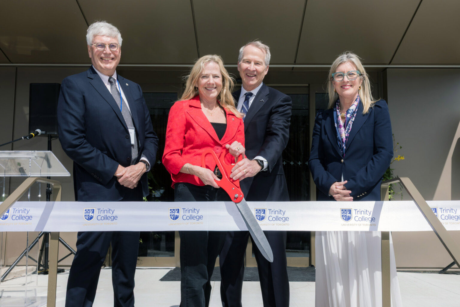 Nicholas Terpstra, Joannah Lawson, Brian Lawson, Melanie Woodin on the front steps of the Lawson Centre for Sustainability