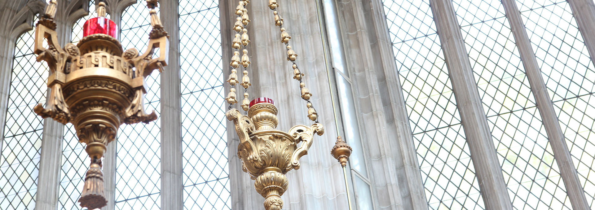 Candles handing from the ceiling in the Trinity College Chapel