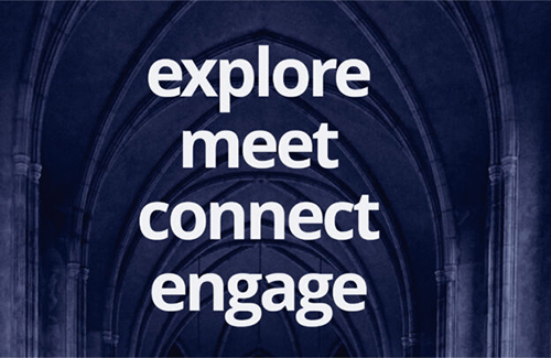 Chapel in blue with explore, meet, connect, engage