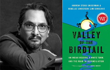 Image of Douglas Sanderson beside the cover of the book he co-wrote: "Valley of the Birdtail"