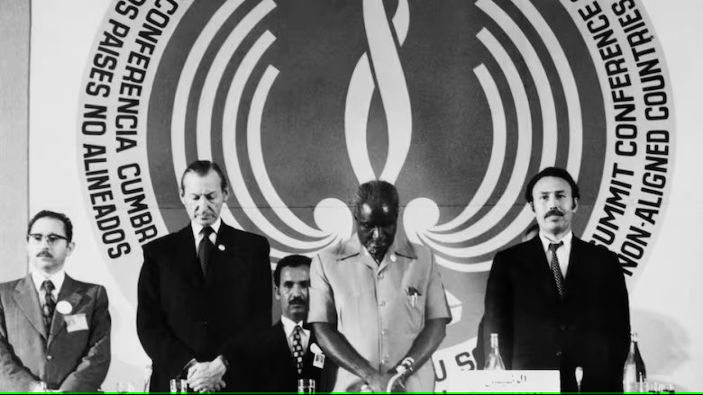 From left: Conference Secretary-General Aft Shalai, UN Secretary-General Kurt Waldheim, President of Zambia Kenneth Kaunda and Algerian President Houari Boumedienne at the Non-Aligned countries summit in Algiers, Sept. 5, 1973. (Tanjug/AFP via Getty Images)