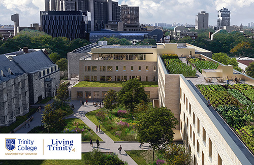 Rendering of the Lawson Centre for Sustainability with Trinity College logo and Living Trinity