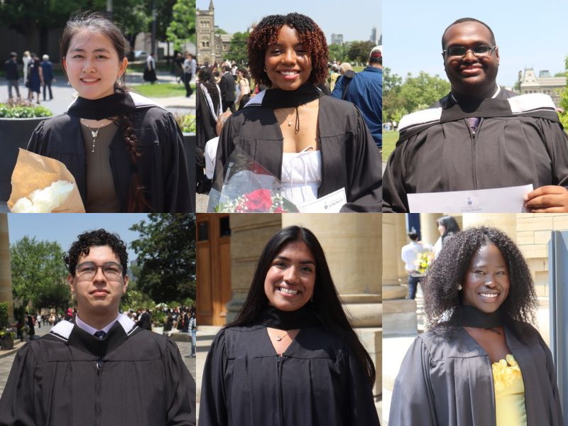 6 graduates outside Convocation Hall on June 12, 2025