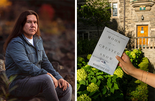A photo of Author Waubgeshig Rice beside the cover of his book