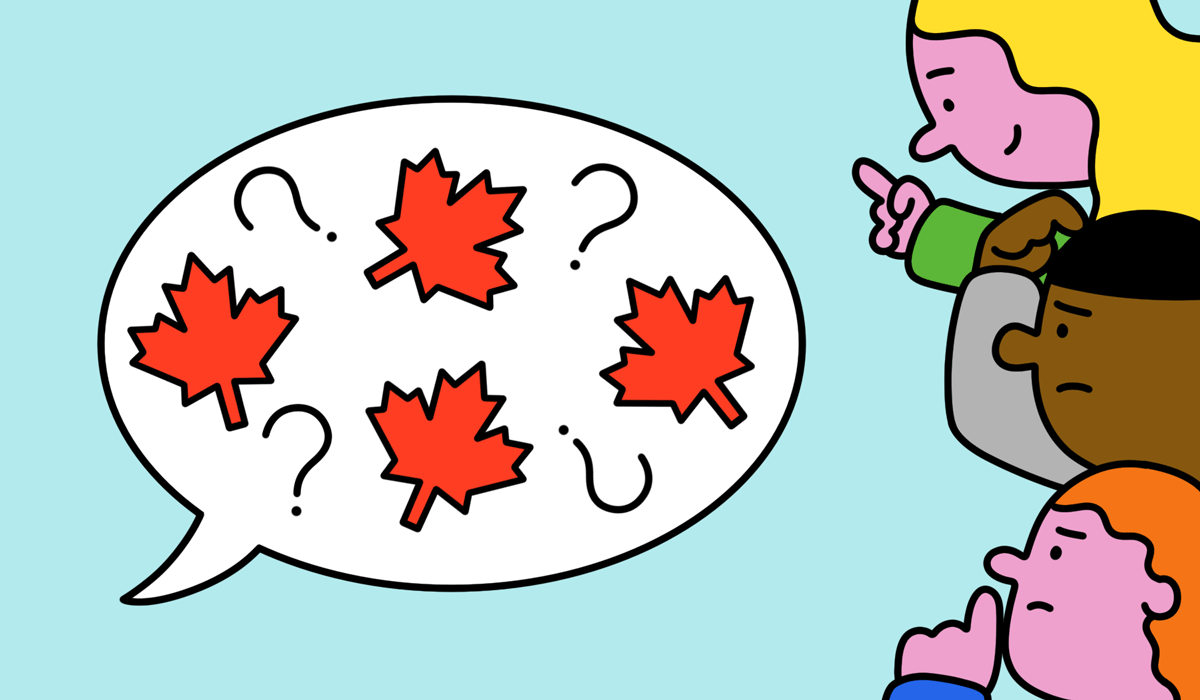 Illustration with maple leaf in a bubble and people pointing to it