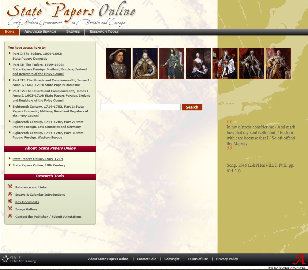 screenshot of State Papers Online homepage