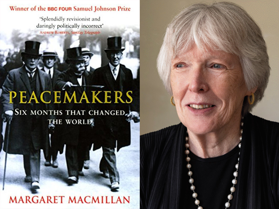 The cover of the book Peacemakers and a portrait of Margaret MacMillan