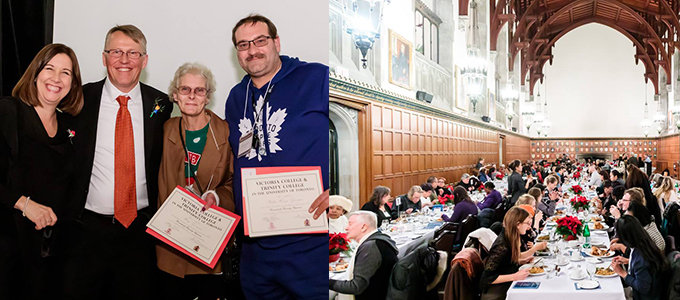 Two pictures of people holding documents for the camera, and a wide shot of a dining hall
