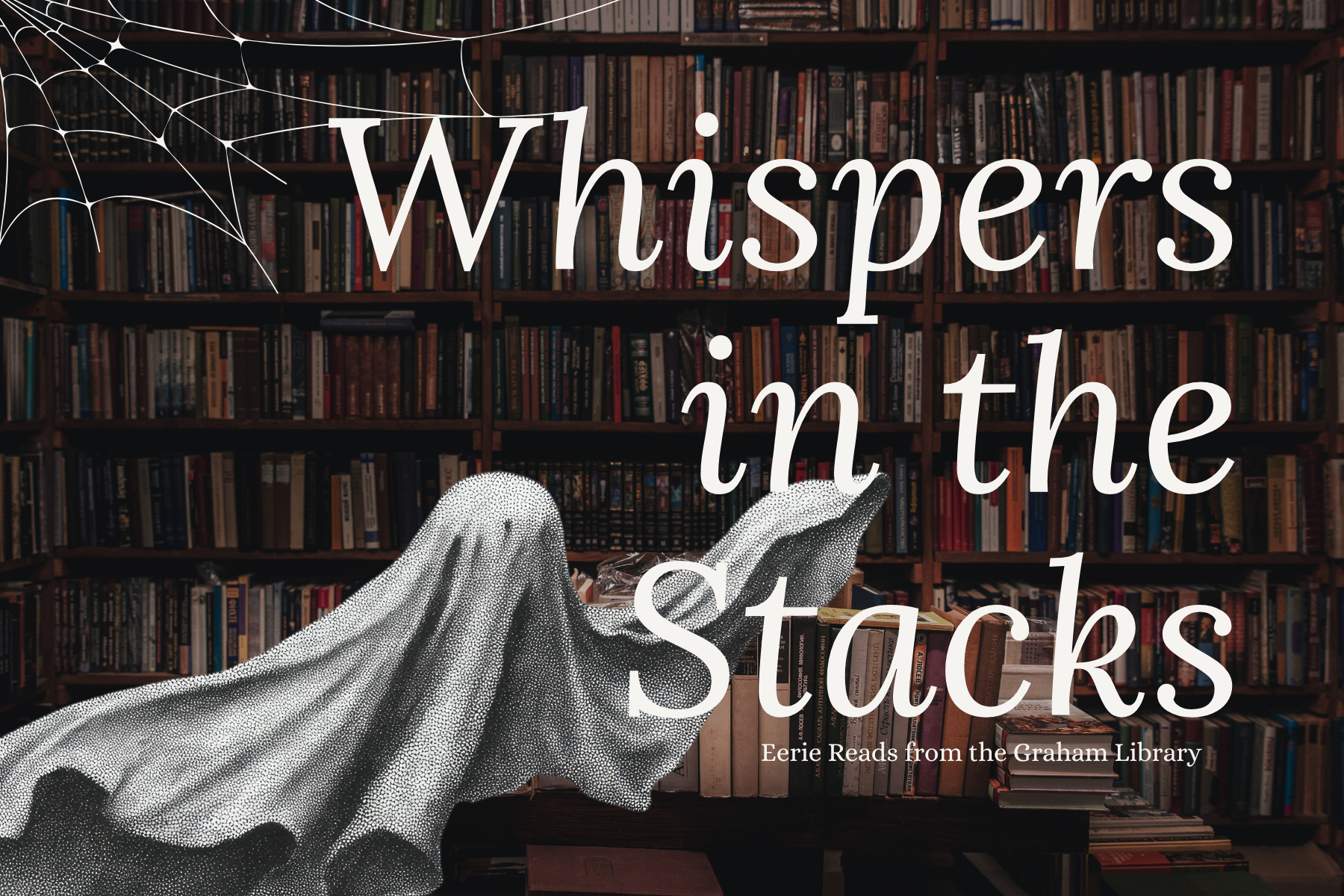 Illustration of a ghost in the library stacks for Nightfall in the Reading Room post.